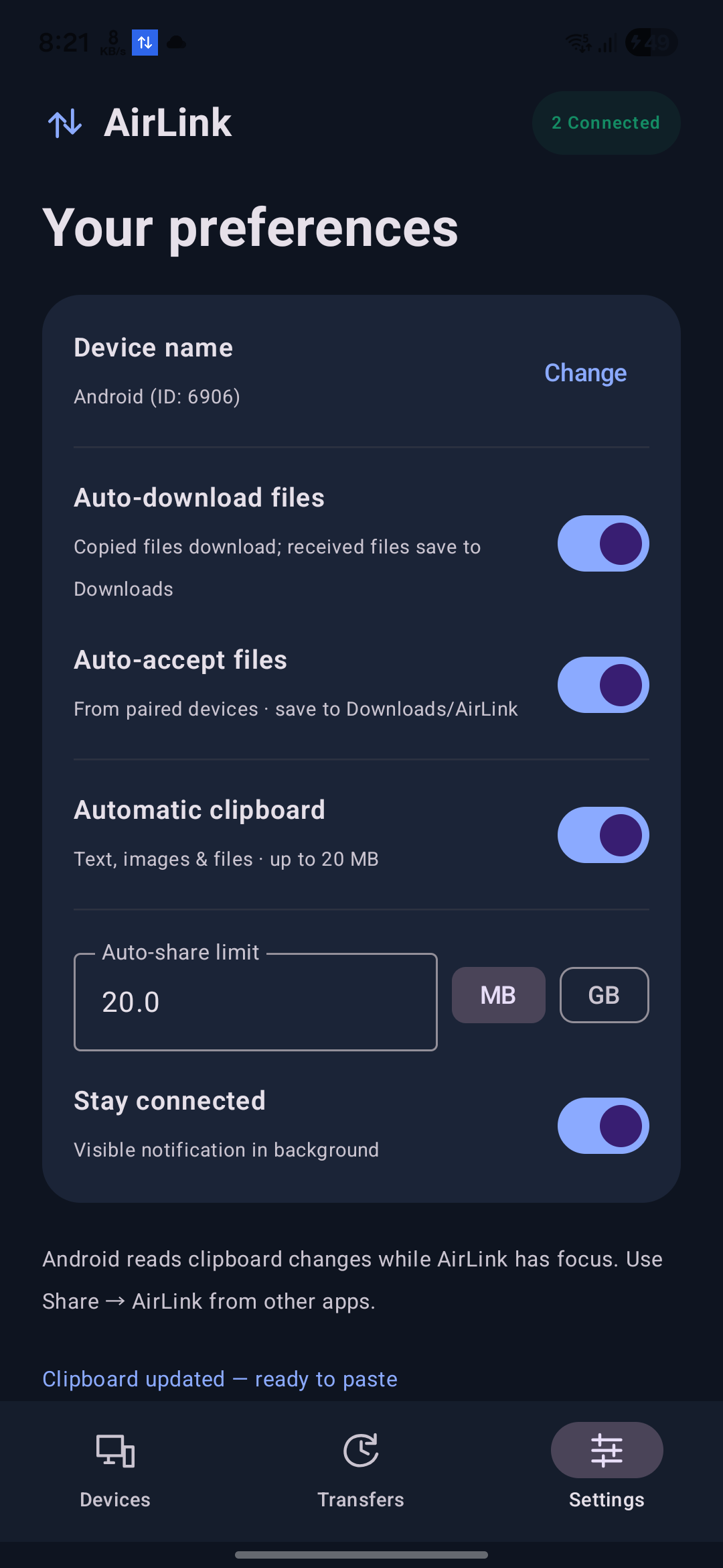 AirLink Settings captured on Android with a generic device name